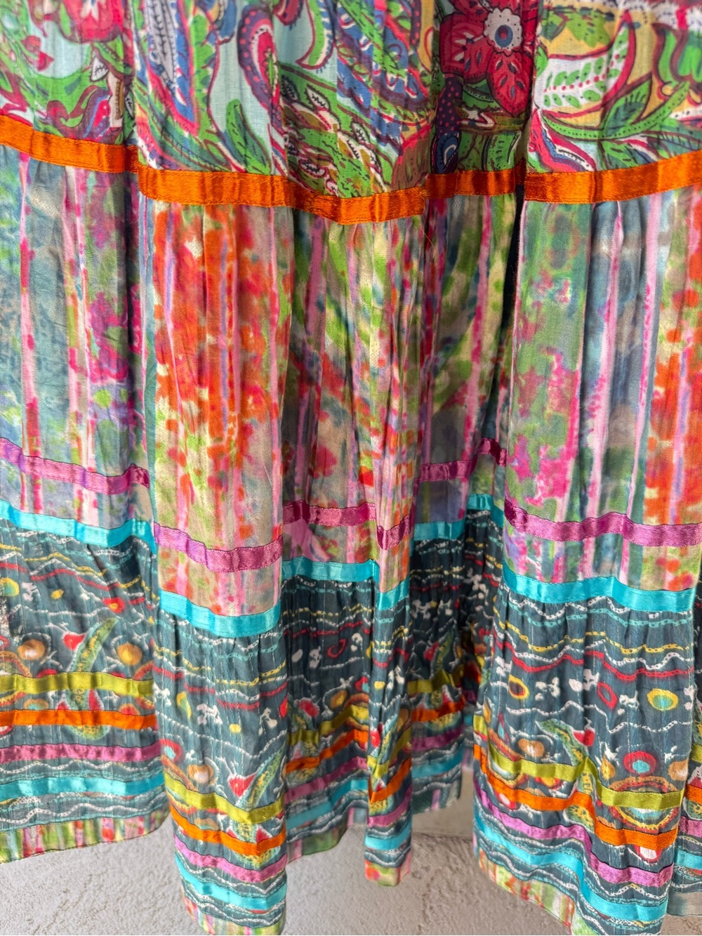 TravelSmith Multicolor Floral & Paisley A-Line Skirt with Orange Trim